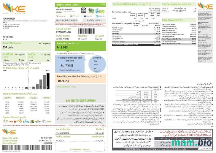 Szablon rachunku za energię elektryczną Pakistan KE w formacie Word i PDF, 2 strony
